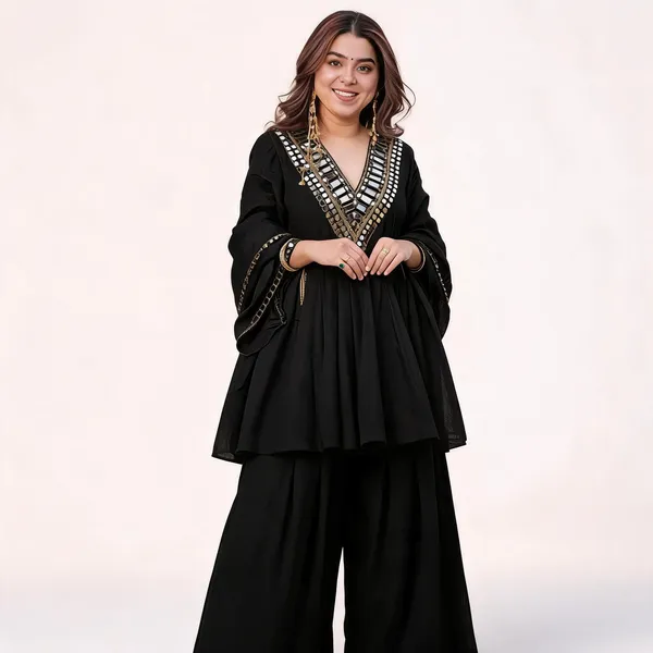 Black_Chanderi_Silk_Mirror_Work_Embroidered_Kurta_Sharara_Set_For_Women