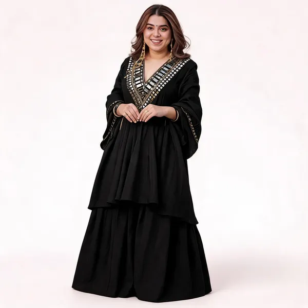 Black_Chanderi_Silk_Mirror_Work_Embroidered_Kurta_Sharara_Set_For_Women