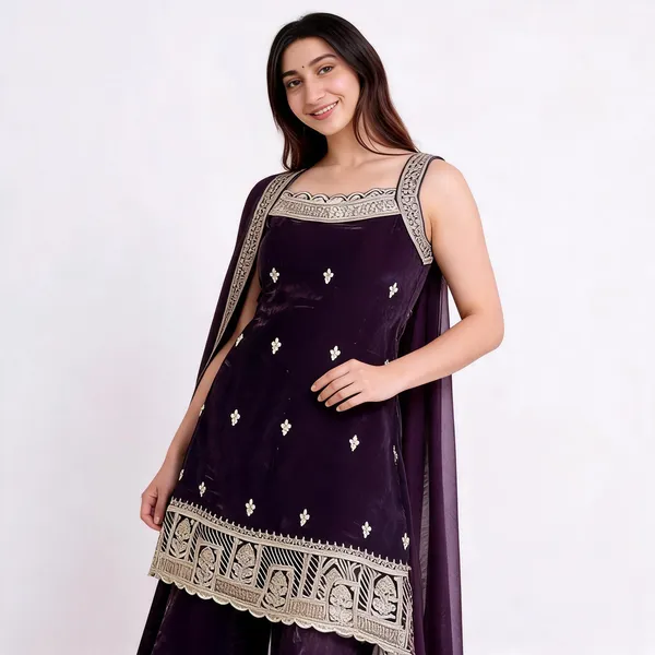 Purple_Velvet_Zari_Embroidered_Sleeveless_Kurta_Sharara_Set_For_Women