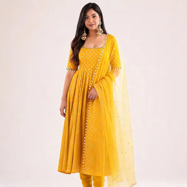 Yellow_Chanderi_Jacquard_Printed_Anarkali_Kurta_Pant_Set_For_Women