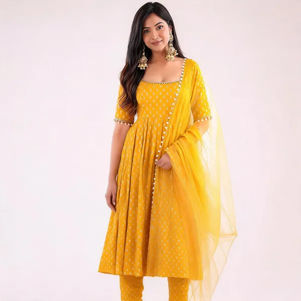 Yellow_Chanderi_Jacquard_Printed_Anarkali_Kurta_Pant_Set_For_Women