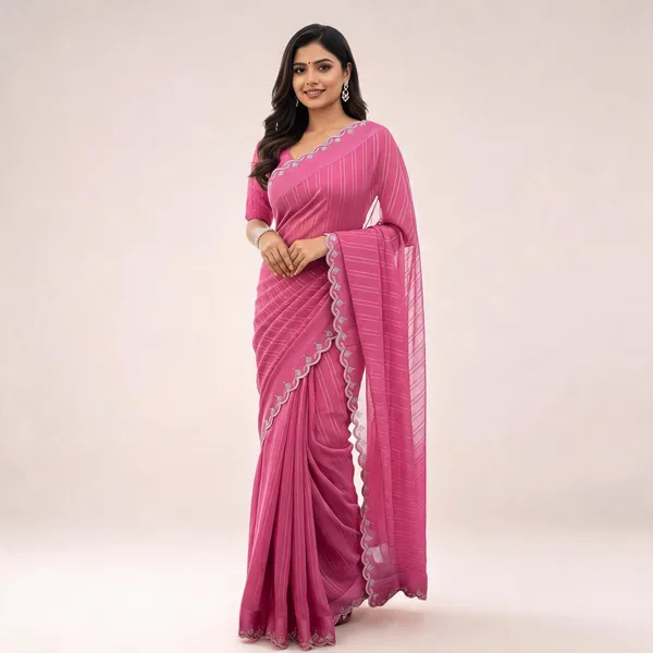 Pink_Chiffon_Striped_Scalloped_Border_Saree_For_Women