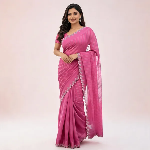 Pink_Chiffon_Striped_Scalloped_Border_Saree_For_Women