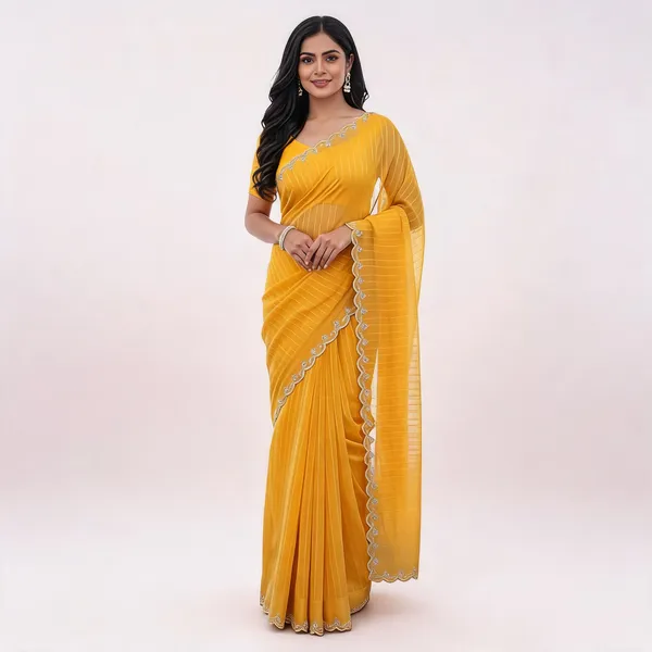 Yellow_Chiffon_Striped_Scalloped_Border_Saree_For_Women