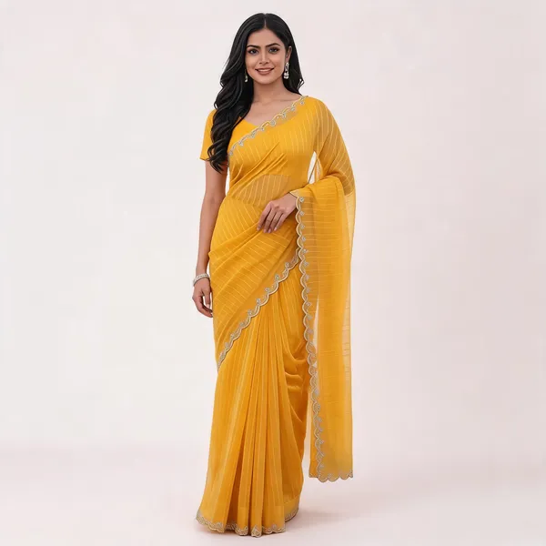 Yellow_Chiffon_Striped_Scalloped_Border_Saree_For_Women