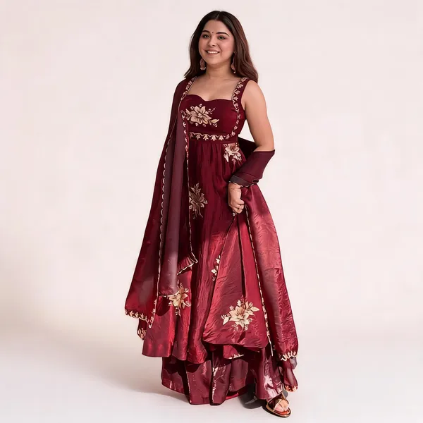 Maroon_Silk_Embroidered_Anarkali_Kurta_Palazzo_Dupatta_Set_For_Women