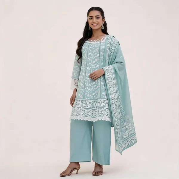 Sea_Green_Cotton_Embroidered_A-Line_Kurta_Palazzo_Dupatta_Set_For_Women