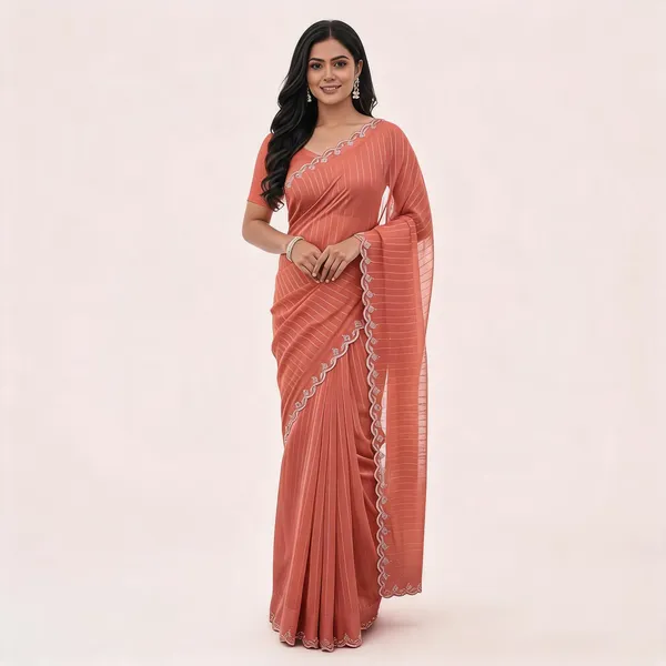 Peach_Chiffon_Striped_Scalloped_Border_Saree_For_Women