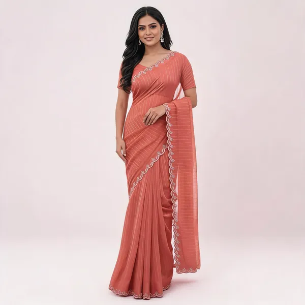 Peach_Chiffon_Striped_Scalloped_Border_Saree_For_Women