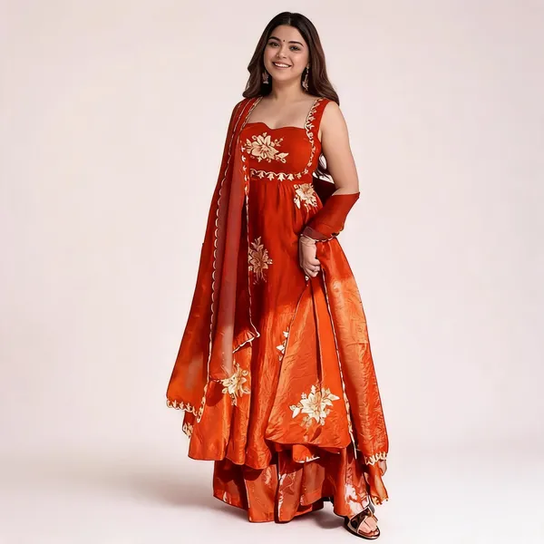 Orange_Silk_Floral_Embroidered_Anarkali_Kurta_Palazzo_Dupatta_For_Women