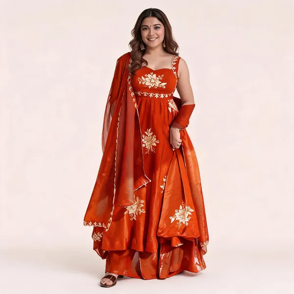 Orange_Silk_Floral_Embroidered_Anarkali_Kurta_Palazzo_Dupatta_For_Women