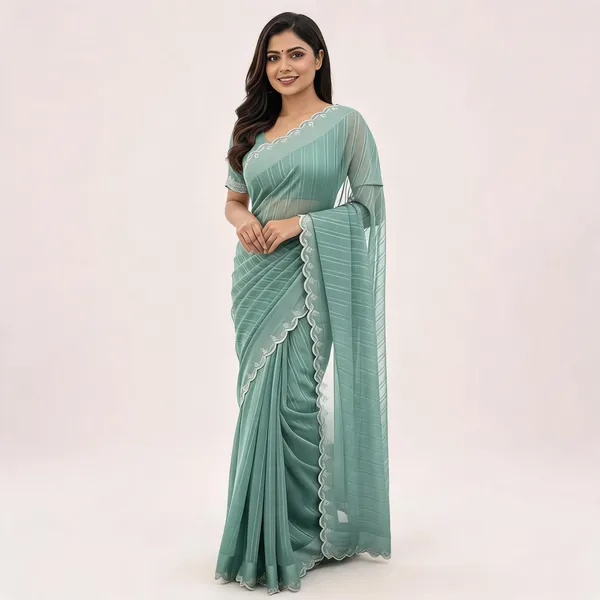 Sea_Green_Chiffon_Striped_Scalloped_Border_Saree_For_Women