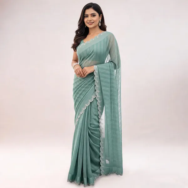 Sea_Green_Chiffon_Striped_Scalloped_Border_Saree_For_Women