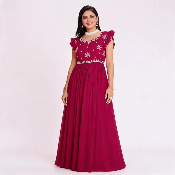 Magenta_Georgette_Embroidered_Ruffle_Sleeve_Flared_Gown_For_Women