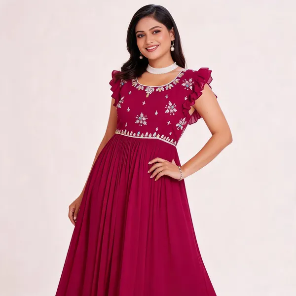 Magenta_Georgette_Embroidered_Ruffle_Sleeve_Flared_Gown_For_Women
