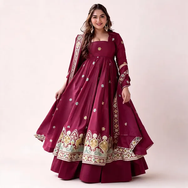 Maroon_Crepe_Silk_Embroidered_Anarkali_Gown_Palazzo_Dupatta_For_Women