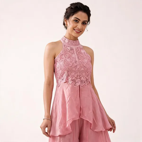 Pink_Georgette_Embroidered_Halter_Neck_Peplum_Top_Palazzo_Set_For_Women