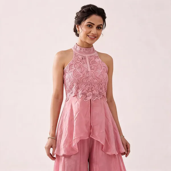 Pink_Georgette_Embroidered_Halter_Neck_Peplum_Top_Palazzo_Set_For_Women