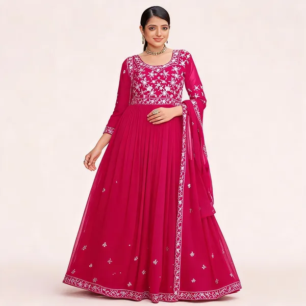 Pink_Georgette_Floral_Embroidered_Anarkali_Gown_With_Dupatta_For_Women