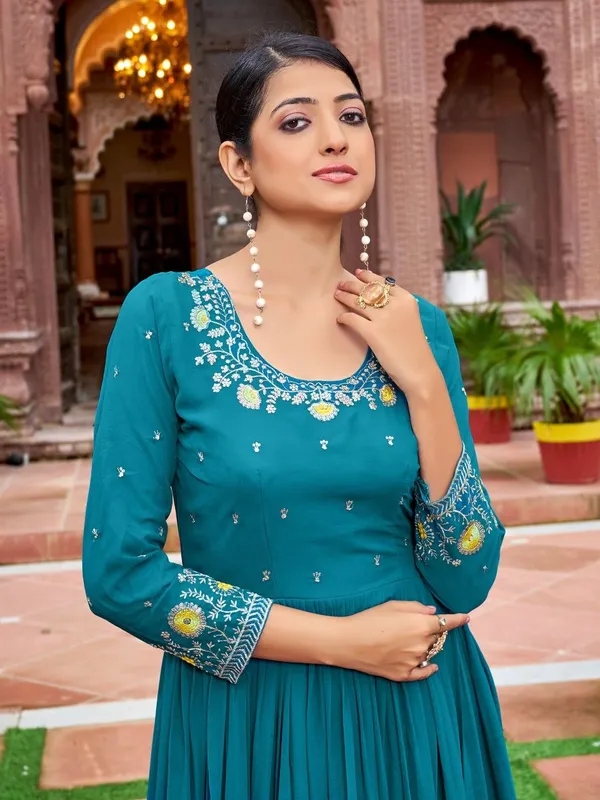Teal_Rayon_Embroidered_Anarkali_Gown_With_Yellow_Ruffled_Hem_For_Women