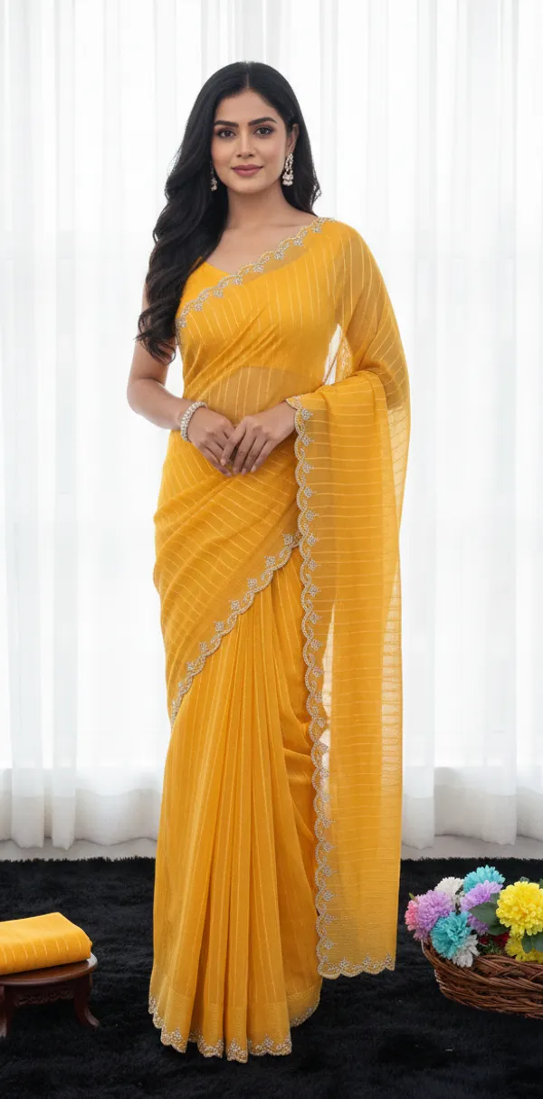 Yellow_Chiffon_Striped_Scalloped_Border_Saree_For_Women