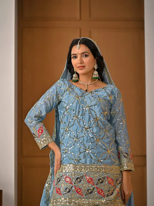 Blue_Georgette_Sequin_Mirror_Work_Embroidered_Sharara_Suit_For_Women