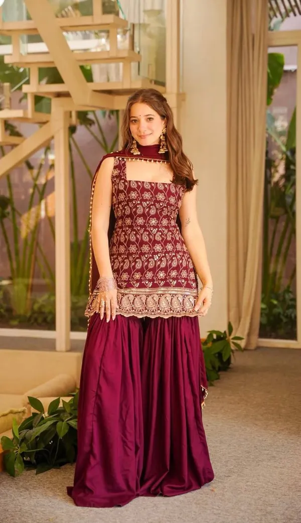 Maroon_Georgette_Embroidered_Sleeveless_Kurta_Sharara_Set_For_Women