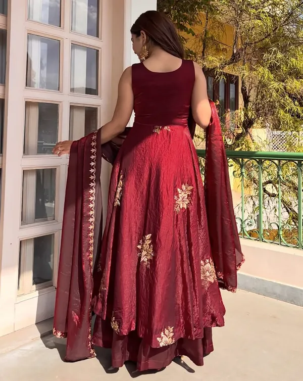 Maroon_Silk_Embroidered_Anarkali_Kurta_Palazzo_Dupatta_Set_For_Women