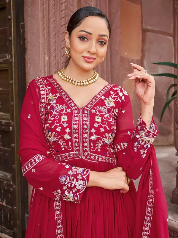 Maroon_Georgette_Embroidered_Flared_Anarkali_Gown_With_Dupatta_For_Women