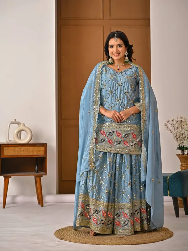 Blue_Georgette_Sequin_Mirror_Work_Embroidered_Sharara_Suit_For_Women