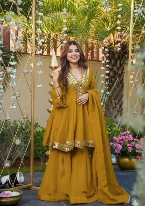 Mustard_Yellow_Chanderi_Silk_Peplum_Kurta_Sharara_Set_For_Women