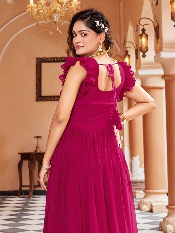 Magenta_Georgette_Embroidered_Ruffle_Sleeve_Flared_Gown_For_Women