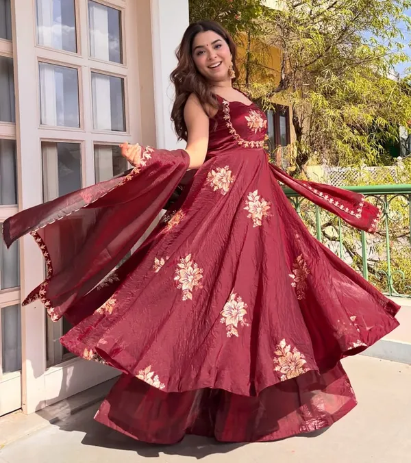 Maroon_Silk_Embroidered_Anarkali_Kurta_Palazzo_Dupatta_Set_For_Women
