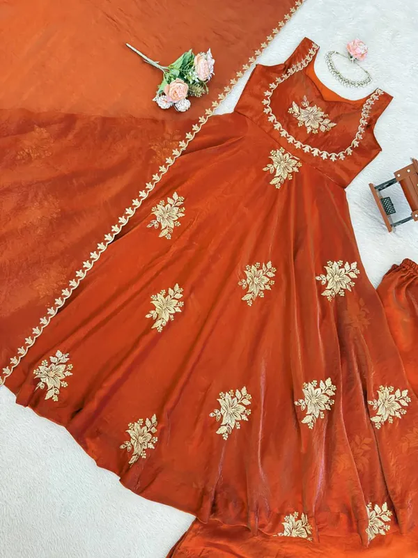 Orange_Silk_Floral_Embroidered_Anarkali_Kurta_Palazzo_Dupatta_For_Women