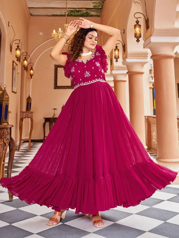 Magenta_Georgette_Embroidered_Ruffle_Sleeve_Flared_Gown_For_Women