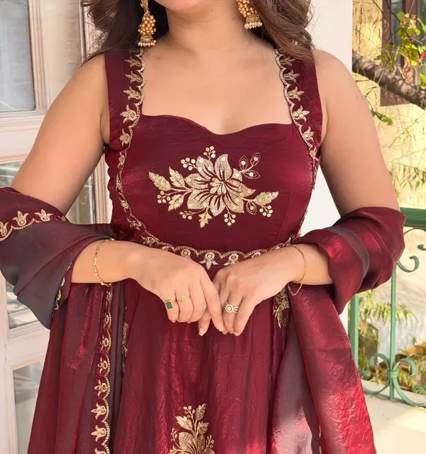 Maroon_Silk_Embroidered_Anarkali_Kurta_Palazzo_Dupatta_Set_For_Women