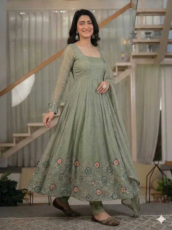 Sage_Green_Crinkle_Silk_Embroidered_Anarkali_Kurta_Pant_Dupatta_For_Women