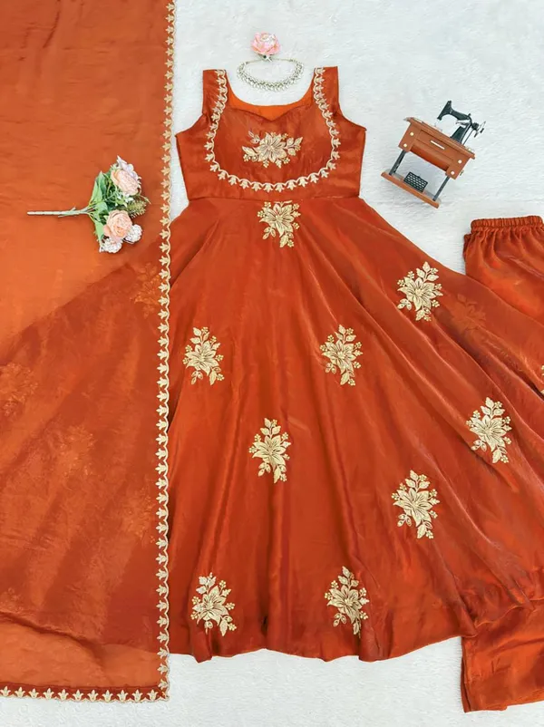 Orange_Silk_Floral_Embroidered_Anarkali_Kurta_Palazzo_Dupatta_For_Women