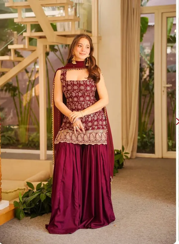 Maroon_Georgette_Embroidered_Sleeveless_Kurta_Sharara_Set_For_Women