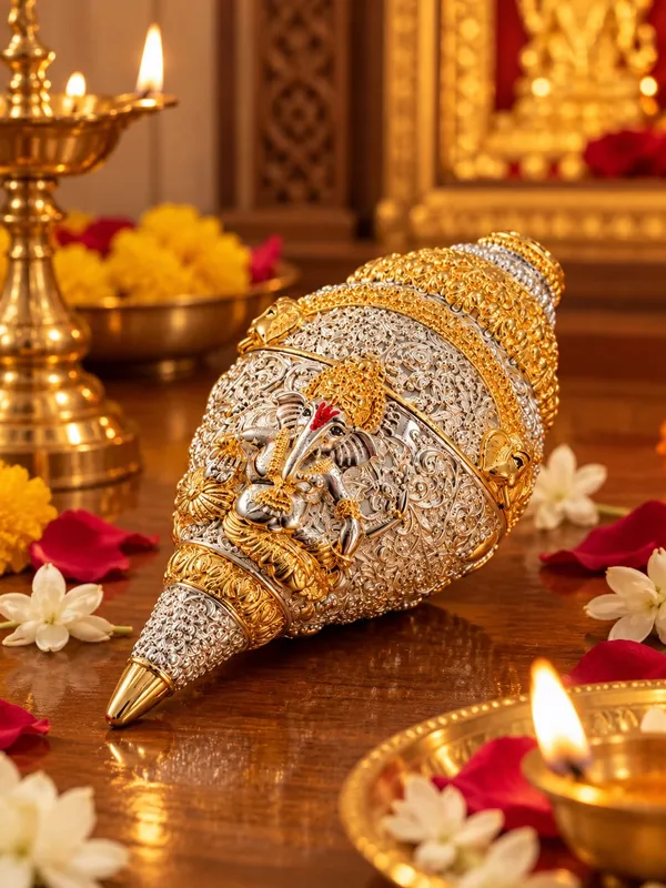 999_Silver_Lord_Ganesha_Decorative_Shankh_with_24K_Gold_Tone_Finish