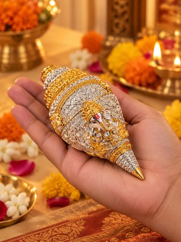 999_Silver_Lord_Ganesha_Decorative_Shankh_with_24K_Gold_Tone_Finish
