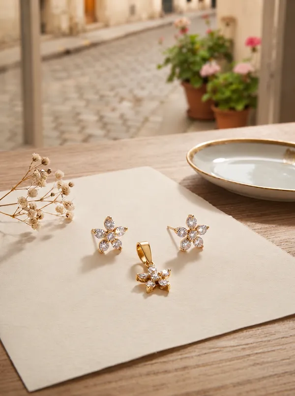 925_Sterling_Silver_22K_Gold_Plated_6-Stone_Flower_Pendant_Set_Without_Chain