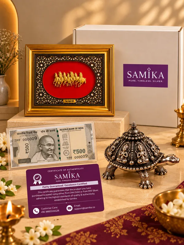 24K_Gold_Plated_Sukh_Samriddhi_7_Horses_Frame,_Tortoise_&_?500_Silver_Currency_Note_Combo