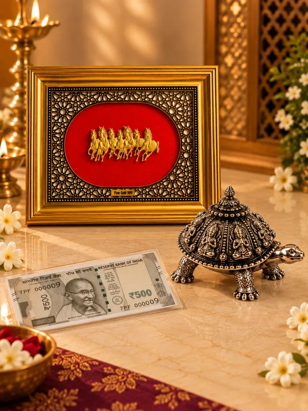 24K_Gold_Plated_Sukh_Samriddhi_7_Horses_Frame,_Tortoise_&_?500_Silver_Currency_Note_Combo