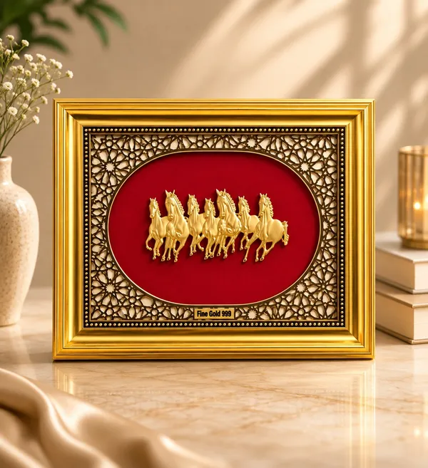 24K_Gold_Plated_Sukh_Samriddhi_7_Horses_Frame,_Tortoise_&_Shankh_Combo