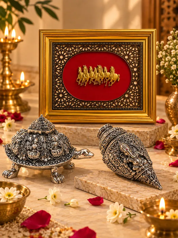 24K_Gold_Plated_Sukh_Samriddhi_7_Horses_Frame,_Tortoise_&_Shankh_Combo