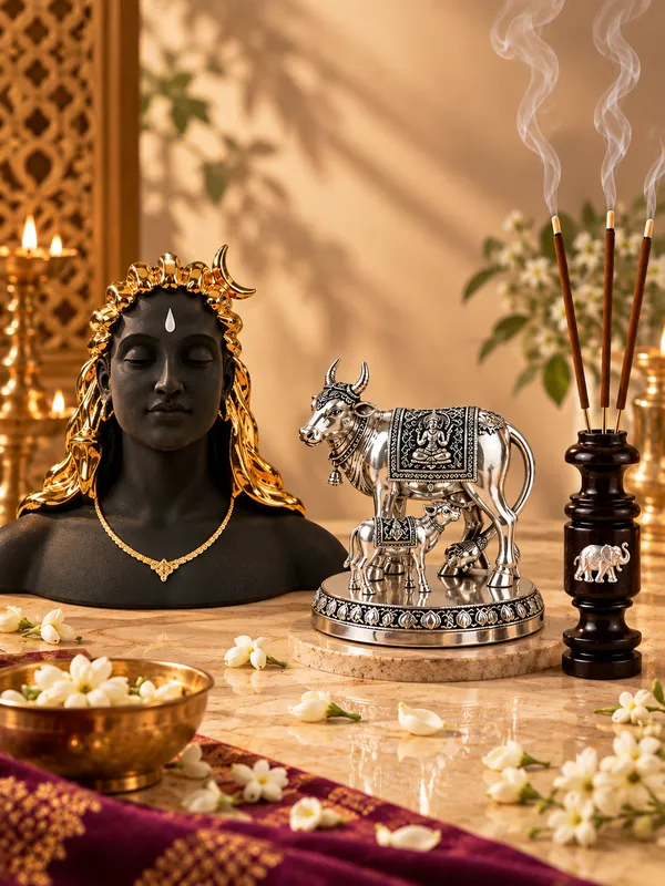 24K_Gold_Plated_Adiyogi_Shiva,_Gau_Ma_&_Incense_Stick_Holder_Combo