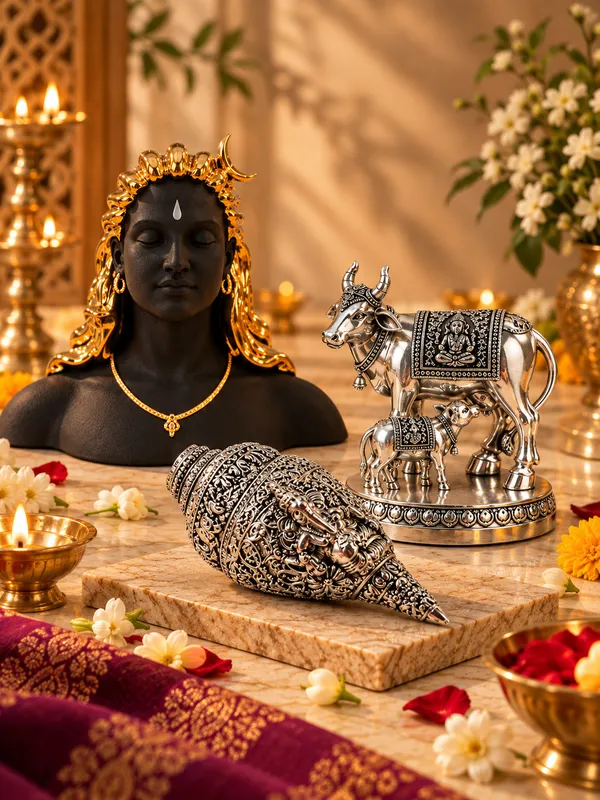 24K_Gold_Plated_Adiyogi_Shiva,_Gau_Ma_&_Shankh_Combo