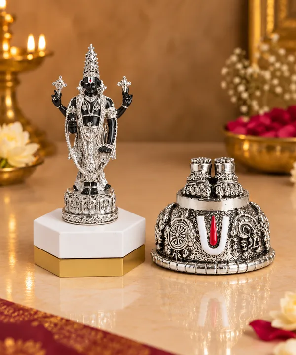 999_Pure_Silver_Tirupati_Balaji_Idol_&_Vishnu_Charan_Combo