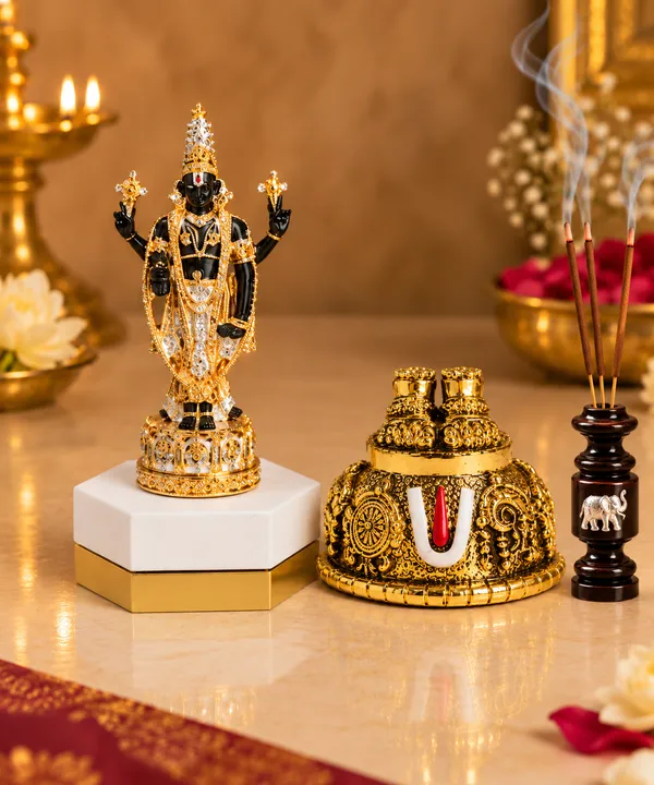 24K_Gold_Tirupati_Balaji_Idol,_Vishnu_Charan_&_Incense_Stick_Holder_Combo
